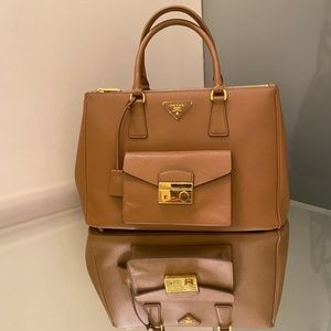 PRADA Saffiano Galleria Front Pocket Tote Sabbia